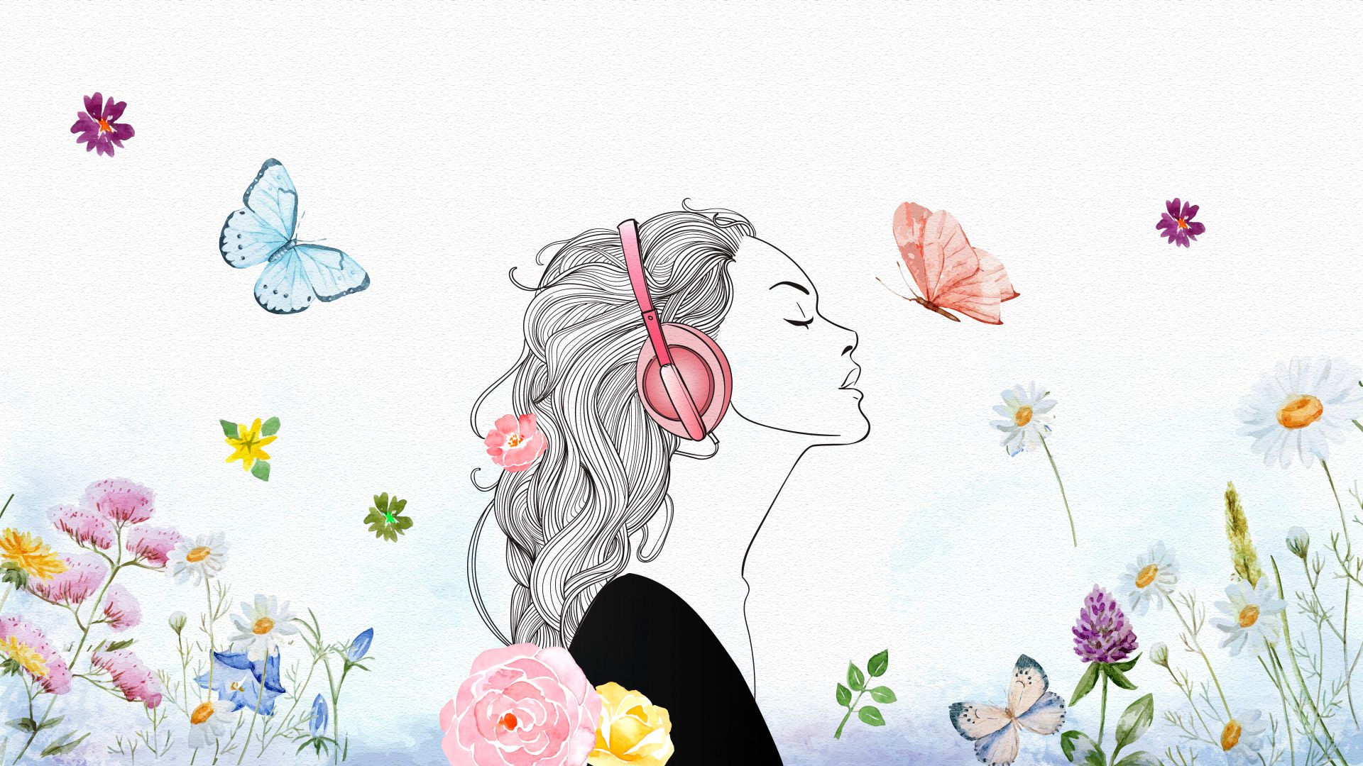 a girl with flowers, butterflies